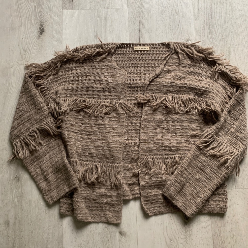Ulla Johnson Baby Alpaca Fringe Crochet Cardigan Sweater Taupe Brown Boho S